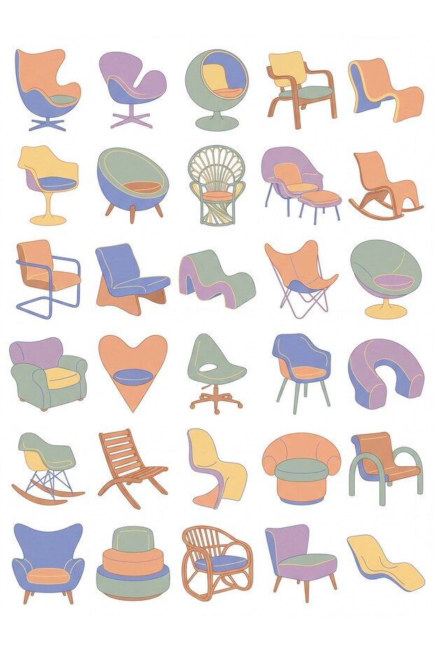 30 Pieces Retro Modern Sofa Sticker Set - Laptop, Agenda, Water Bottle
