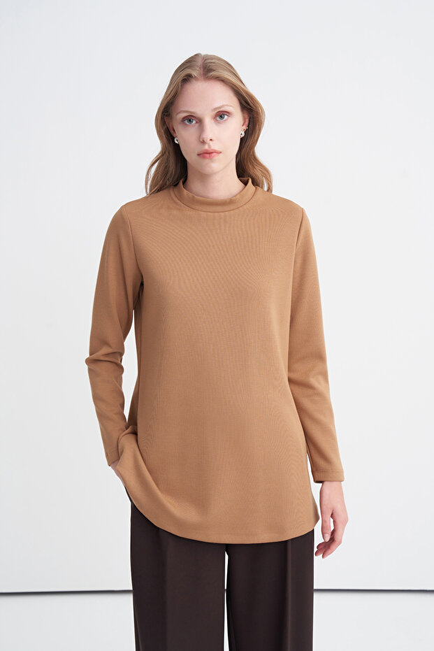 High Collar Ribbed Camel Tunic 0014