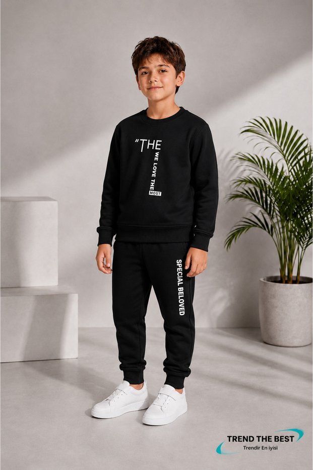 Winter Unisex Black Tracksuit, Black Sweat Top and Bottom Set