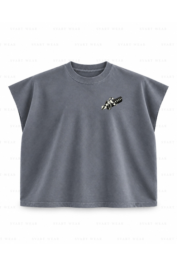 Jujutsu Kaisen Yuta and Rika Katana Duo Printed Boxy Oversize Sleeveless T-Shirt - Anthracite