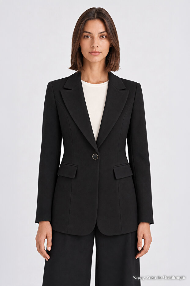 Single Button Suede Blazer with Flap Pockets Black Jacket 0070