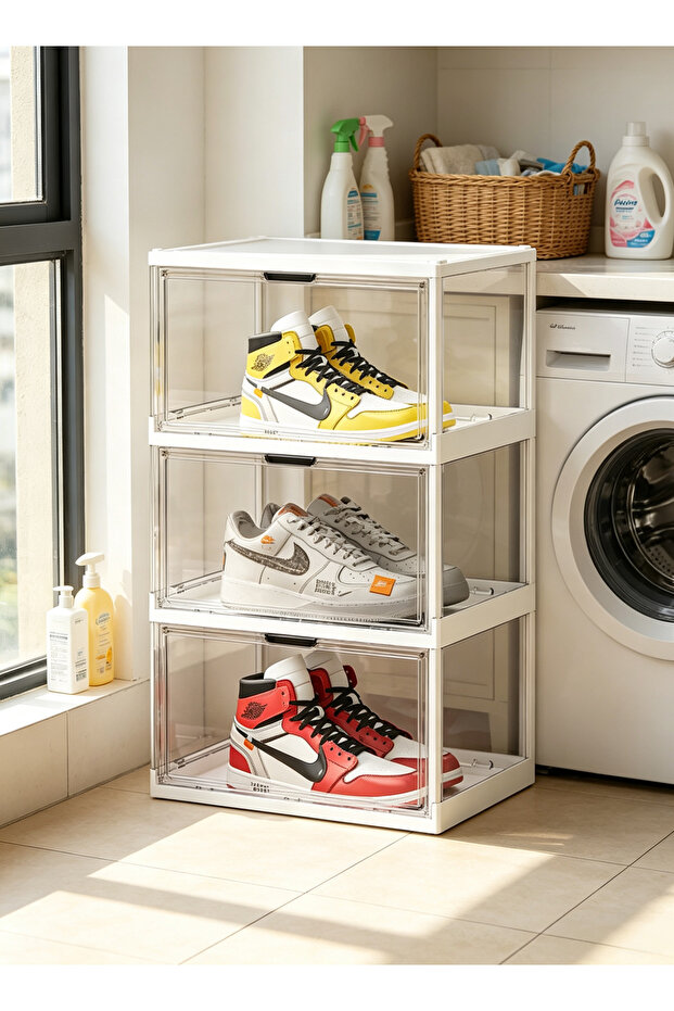 Installation-free multi-layer shoe storage box - transparent visible drawer-style sports shoe collection display rack