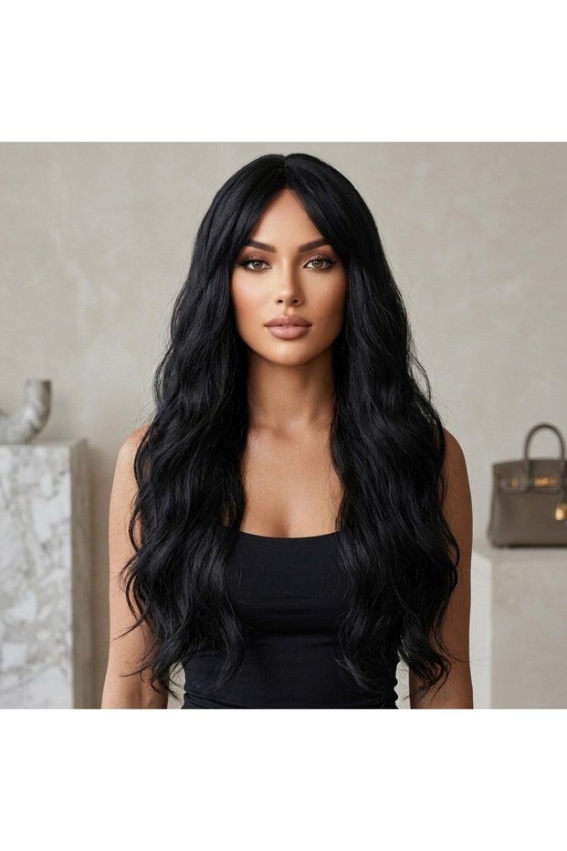 Extra long wavy fiber synthetic wig with bangs - dark chestnut