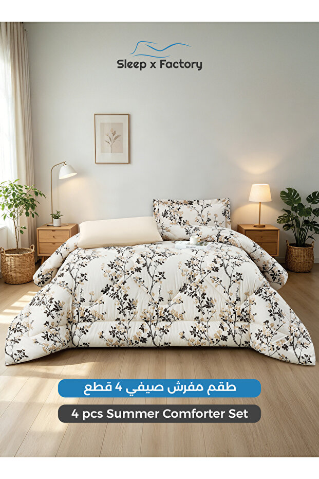 طقم لحاف من الألياف الدقيقة قابل للعكس مكون من 4 قطع مقاس 140×200 سم - أغطية سرير بنقشة زهور
