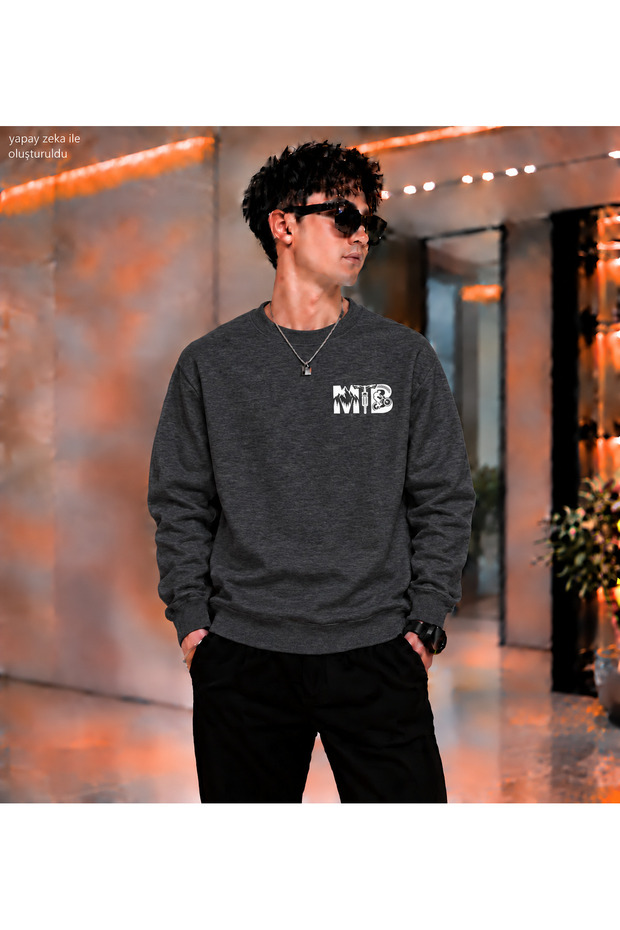 Men's Mtb Mountain Bike Left Chest Printed Crew Neck Casual Regular Fit Sweatshirt