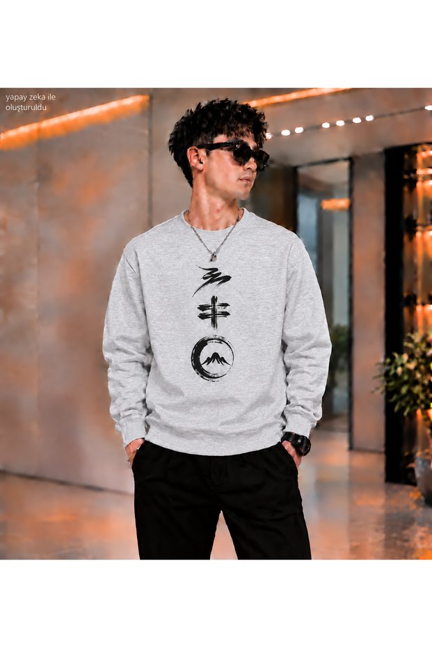 Men's Far East Calligraphy and Mountain Motif Printed Crew Neck Casual Regular Fit Sweatshirt