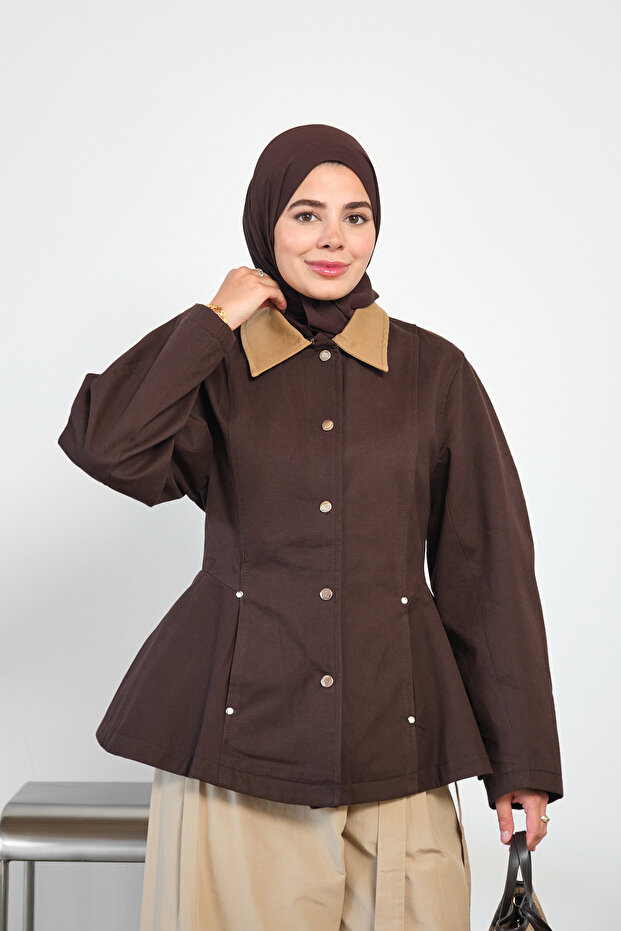 Women's Contrast Collar Waist-Fitted Lined Jacket Brown