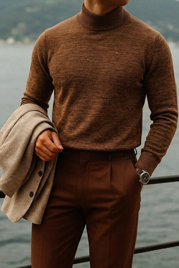 Men's High Neck Casual Brown Knit Sweater