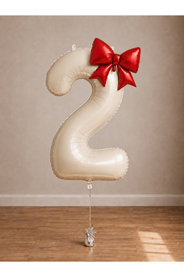 -2- Age Beige Number Red Bow Foil Balloon Set