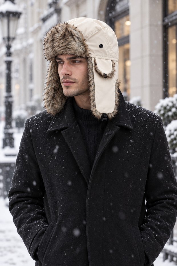 Men's Pilot Hat with Headphones and Fur Detail Winter Beanie