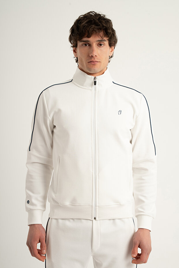 Stripe Agp 4 Full Length Zippered Men's Jacket with Stripe Detail and Stand Collar White