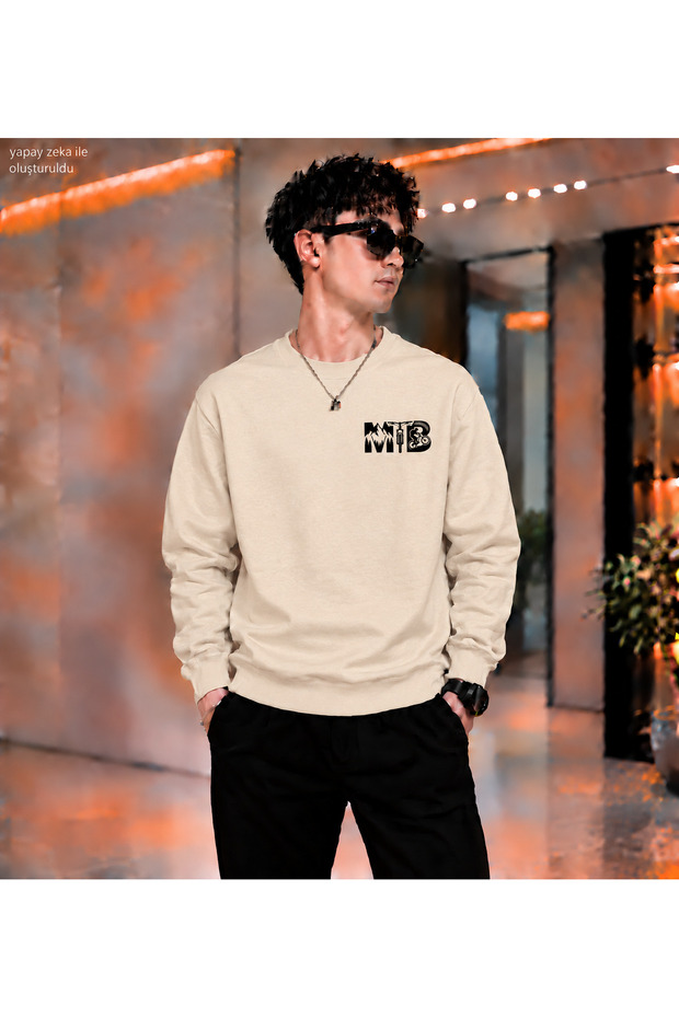 Men's Mtb Mountain Bike Left Chest Printed Crew Neck Casual Regular Fit Sweatshirt