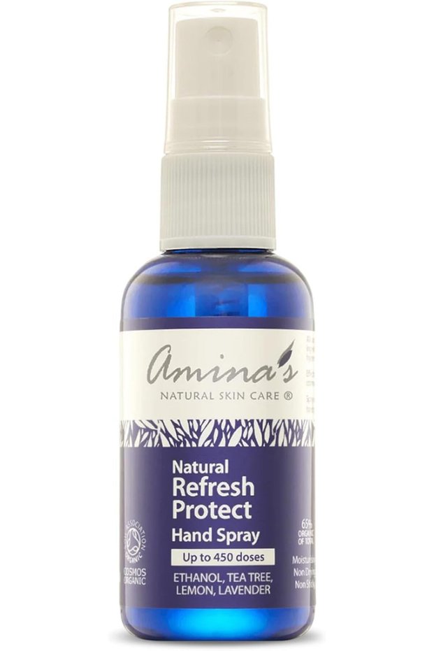 Amina’s Natural Skincare Organic Hand Spray Refresh & Protect - 63% Organic Ethanol Sanitizer with Tea Tree, Lemon & Lavender - Moisturizing & Gentle for Sensitive Skin - 450+ Sprays (250ml)