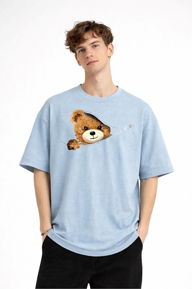 Bear - Printed Premium Fabric Oversize Unisex T-Shirt Blue
