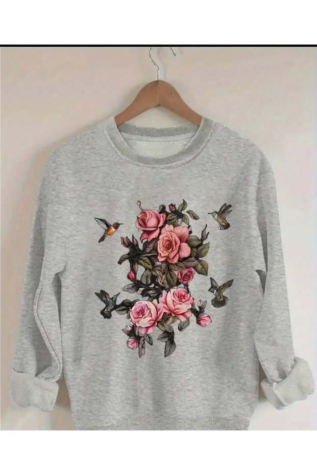 Pink Rose Print Detailed Crew Neck Sweatshirt
