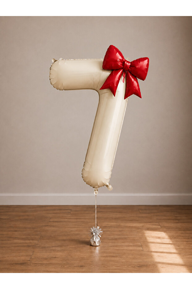 -7- Age Beige Number Red Bow Foil Balloon Set