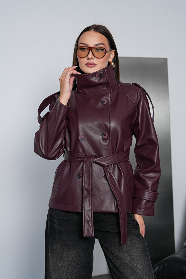 Women's Burgundy Belted Double-Breasted Stand Collar Lined Faux Leather Short Trench Coat Jacket