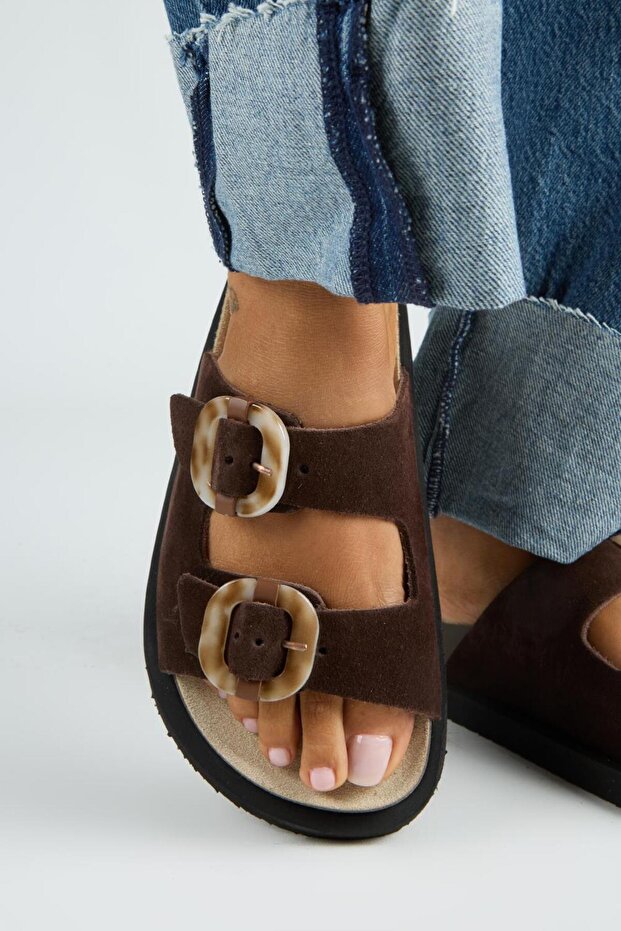 Machavel Women's Leather Genuine Leather Double Buckle Brown Slippers