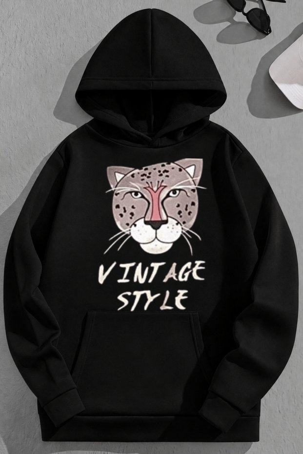 Unisex 3 Thread Cotton Black Vintagestyle Print Loose Fit Sweatshirt Hoodie