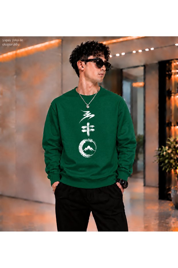 Men's Far East Calligraphy and Mountain Motif Printed Crew Neck Casual Regular Fit Sweatshirt