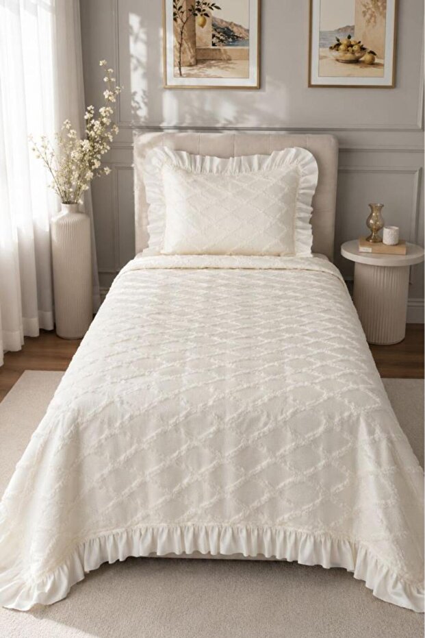 Ruffle Vesya 2 Piece Single Pique Set Cream