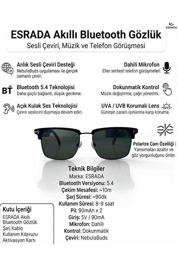 Smart Bluetooth Glasses Uv400 Polarized Sunglasses with Microphone and Voice Translation Feature Es255