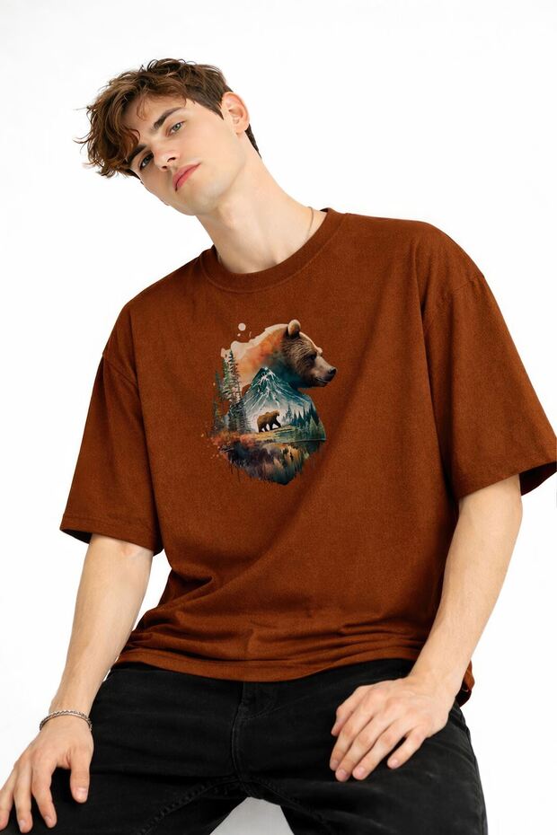 Bear2 - Premium Cotton Fabric Oversize Unisex T-Shirt Coffee