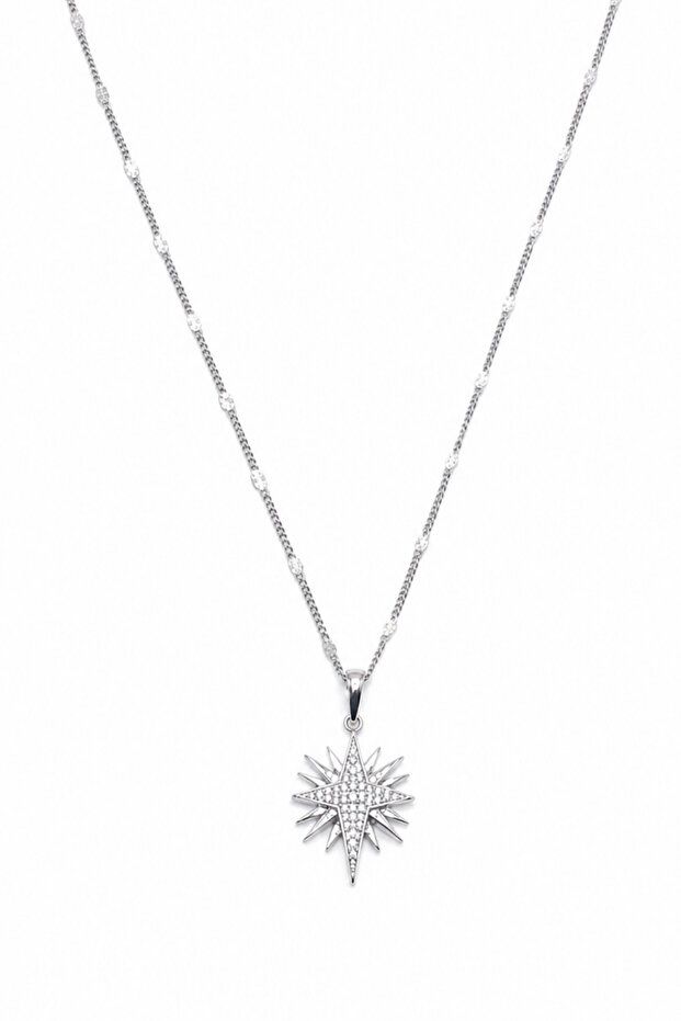 Silver Color Pole Star Necklace with Zircon Stone - Silver