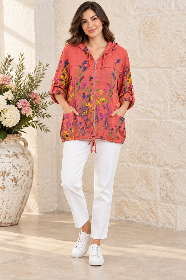 Women's Original Italian Cotton Hooded Zipper Long Sleeve Shirt 42-48