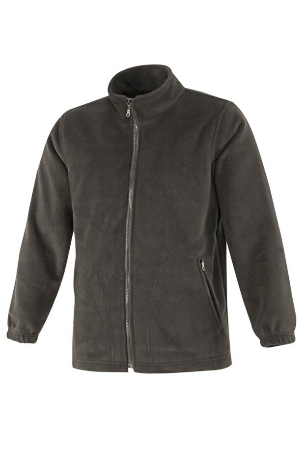 Men's Gray Zippered Fleece Coat with Pockets, Adjustable Drawstring Detail, Elastic Cuffs, Stand-Up Collar