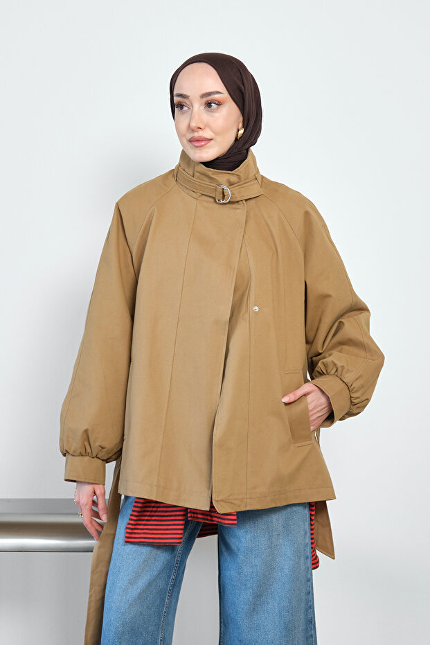 Women's Collar Belt Detail Cuff Sleeves Lined Jacket Camel