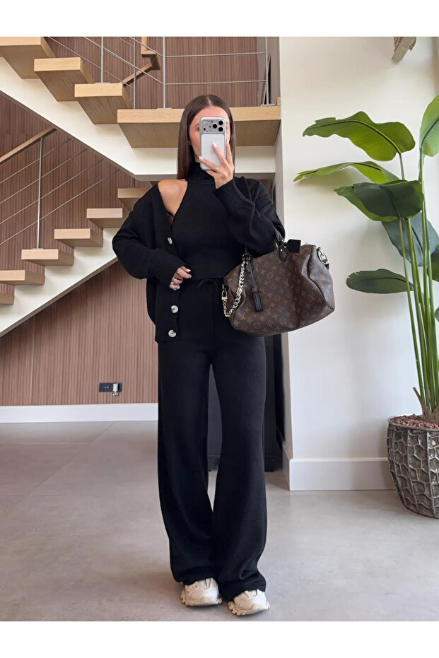Black Turtleneck Buttoned 3-Piece Knitwear Set - 1430