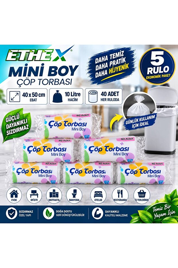 Mini Size Garbage Bag 40X50 cm 10 Liters 5 Rolls 200 Pieces Durable Leak-Proof Garbage Bag 5 Rolls