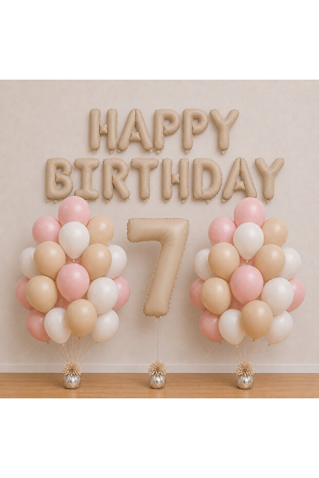 -7- Age Happy Birthday Set Foil Balloon Set Pink Beige White Balloon