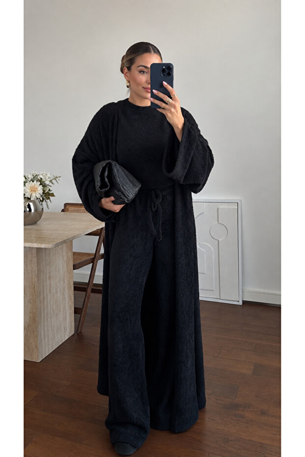 Black Soft Textured Short Sleeve 3-Piece Set - 4206