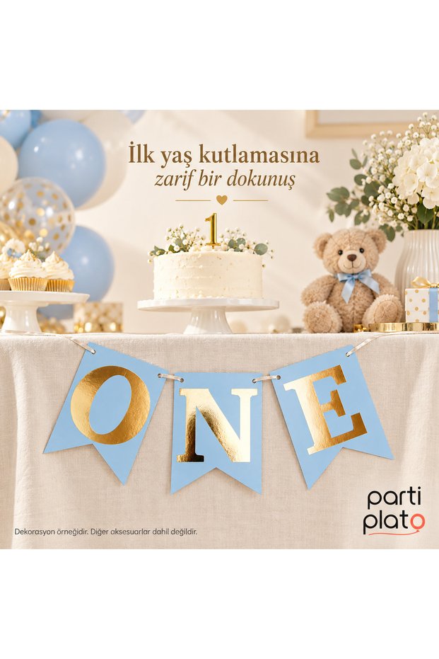 Blue Gold One Written 1 Year Old Birthday Ornament Baby Boy First Birthday Party Decoration, 3 Letter String Pennant Banner