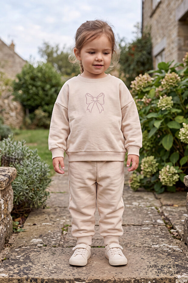 100% Cotton Girls' Oversized Tracksuit Set - 2-Piece Set with Bow Embroidered Sweatshirt and Sweatpants