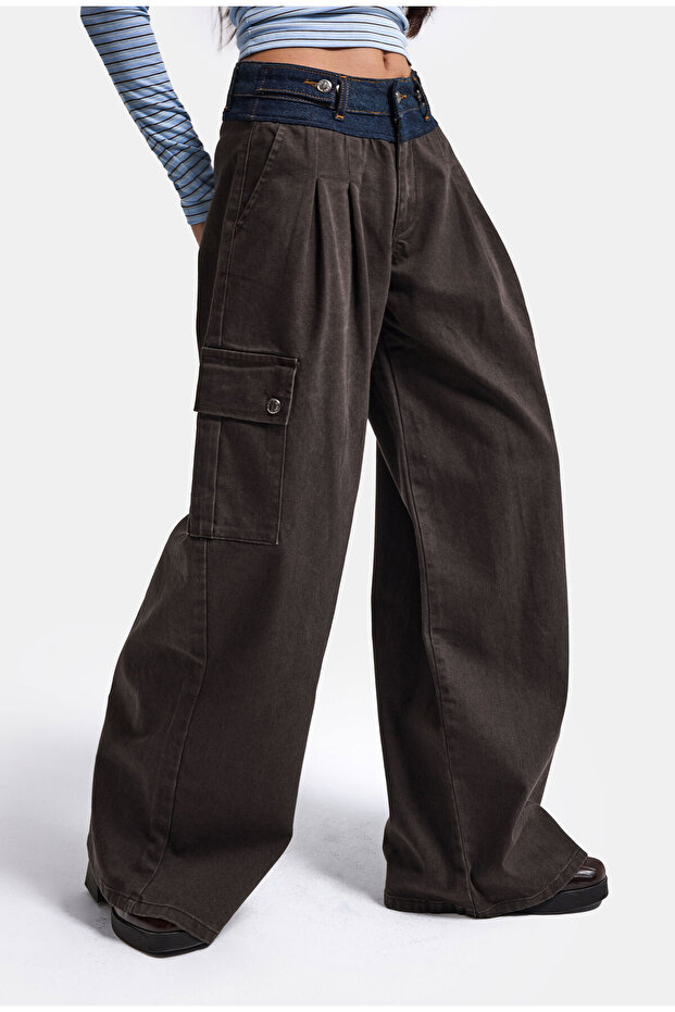 Women's Bitter Brown Super Palazzo Jeans with Belt Detail, Cargo Pocket, Special Design Denim Jean
