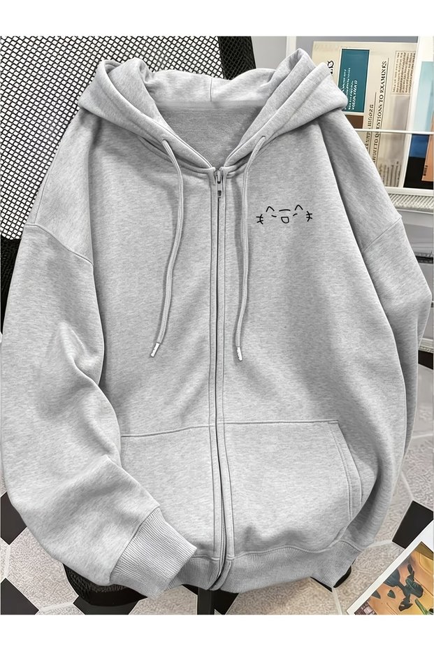 Cute Cat Design Oversize Zippered Unisex Hooded Cardigan