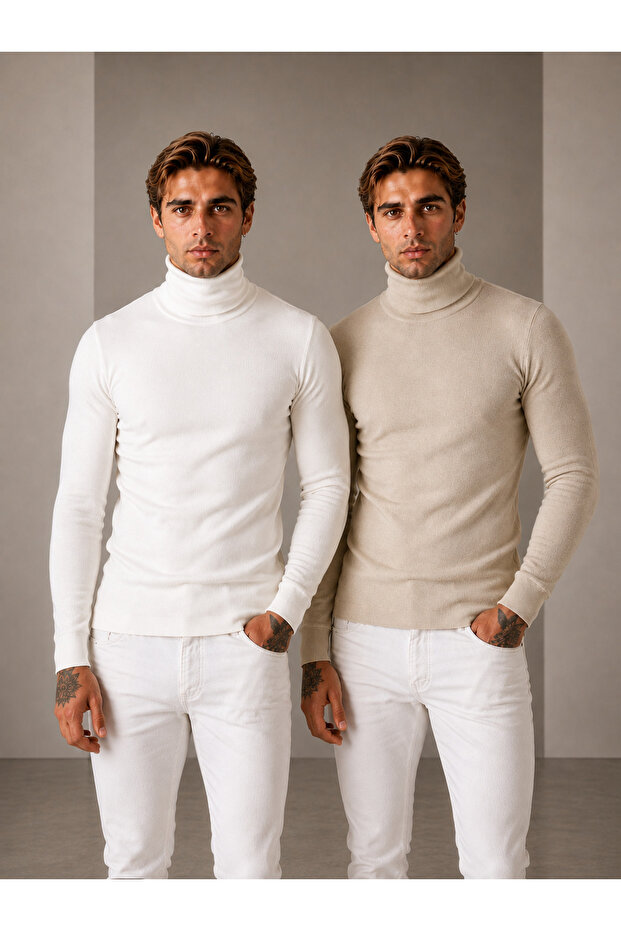Men's Set of 2 Premium Cotton Turtleneck Camisole Ribbed Slimfit High-Neck Sweater