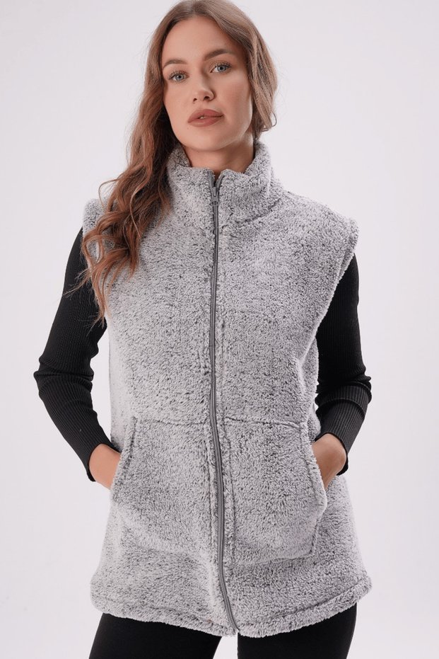 Gray Stand Collar Plush Vest