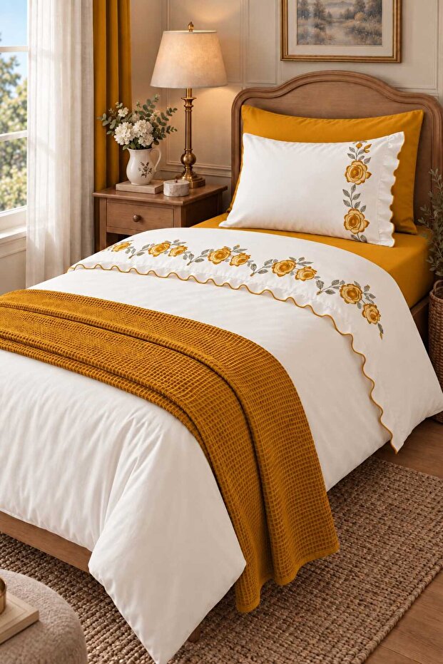 Rosalin Rose Embroidered and Ruffled 100% Cotton 5 Piece Single Duvet Cover Set