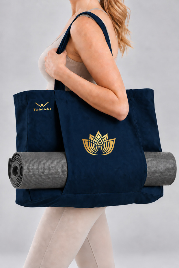 Lotus Printed Yoga Mat Carrying Bag Navy Blue Large Sports Bag with Shoulder Strap