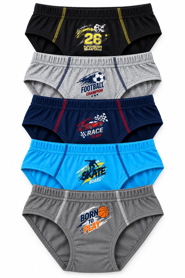 5-Pack Boys' 100% Cotton Slip Underwear with Printed Patterns, Assorted Colors, Ages 3-15