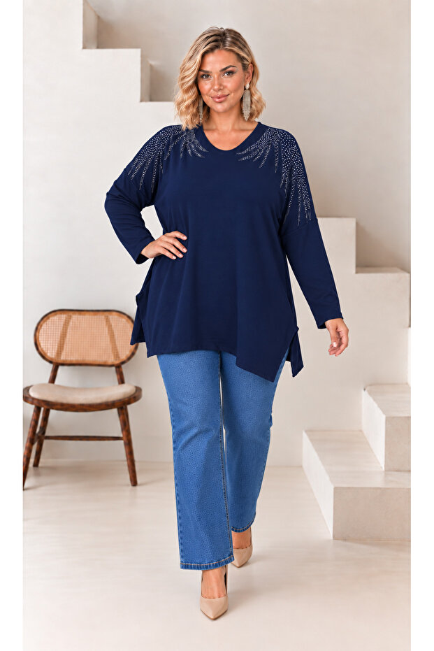 Women's Plus Size V-Neck Long Sleeve Shoulder Stone Embroidered Soft Textured Oversize Lycra Blouse 29501