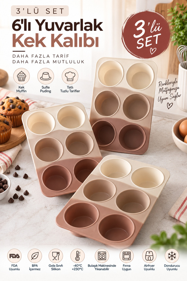 3 Pieces of 6-Piece Round Silicone Cake Mold 173 ml Muffin, Soufflé, Pudding, Chocolate and Dessert Mold