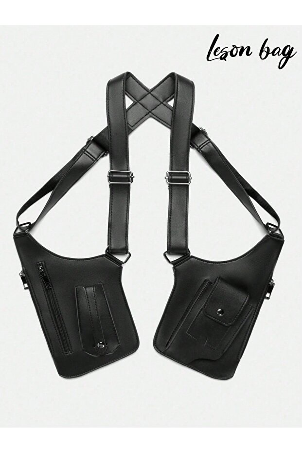Chest and Shoulder Bag with Adjustable Strap, Multiple Pockets, Double-Sided Faux Leather