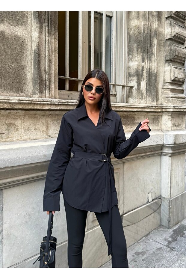 Women's Black Belted Padded Shirt