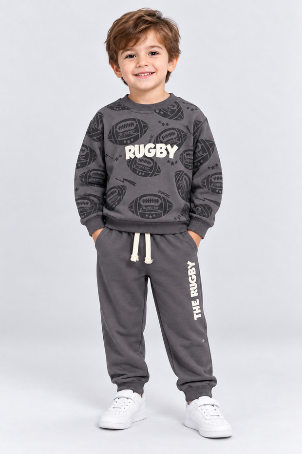 Boys' Rugby Ball Printed Cotton Sweatshirt and Pants Tracksuit Set Ak119