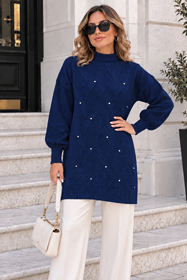 Stone Detailed Knitwear Sweater K6035 Navy Blue